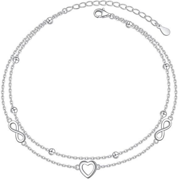Sterling Silver Heart Infinity Anklet Adjustable Layered Beach Jewelry Women - Picture 8 of 8